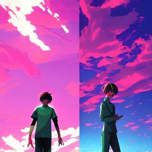 Image similar to Neon Genesis Evangelion. by Lois van baarle, ilya kuvshinov, and rossdraws. Blazing clouds