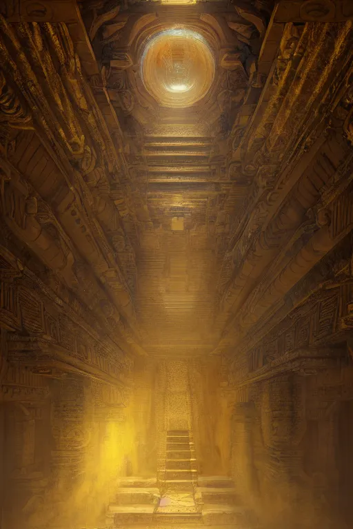 Image similar to inside a majestic aztec temple made of gold, intricate, elegant, volumetric lighting, digital painting, highly detailed, artstation, sharp focus, illustration, concept art, ruan jia, steve mccurry