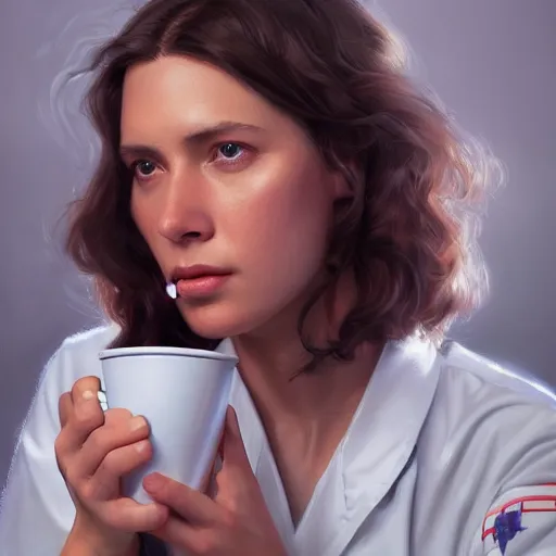 Image similar to an portrait of an female medic drinking coffee, detailed, centered, digital painting, artstation, concept art, donato giancola, Joseph Christian Leyendecker, WLOP, Boris Vallejo, Breathtaking, 8k resolution, extremely detailed, beautiful, establishing shot, artistic, hyperrealistic, beautiful face, octane render