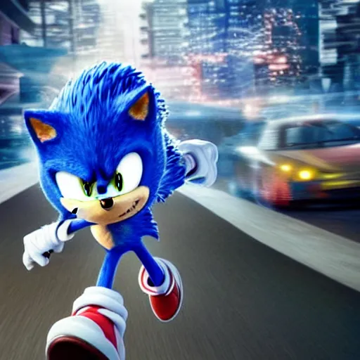 Image similar to hyperrealistic sonic the hedgehog running, stunning 3 d render inspired by istvan sandorfi & greg rutkowski & mike judge, perfect symmetry, dim volumetric cinematic lighting, 8 k octane comprehensive render, extremely mega hyper - detailed and lifelike attributes & atmosphere, intricate, realistic flesh texture, masterpiece, artstation, stunning,