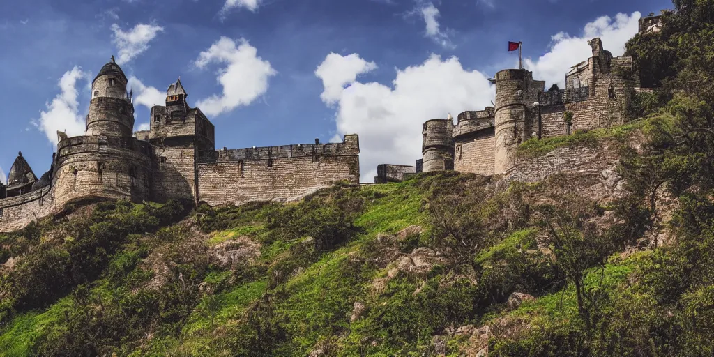 Prompt: photo of a victorian fortress on a hillside, military blue sky, victorian, detailed, architectural photography