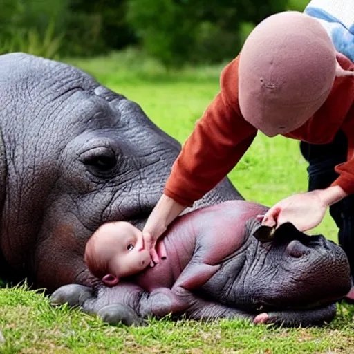 Image similar to baby human successfully resuscitates an old hippo