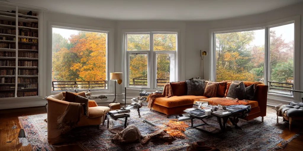 Prompt: insanely detailed wide angle photograph, atmospheric, light bloom, autumn fog outside, sunlight shining through windows, reflections, award winning contemporary interior design, cozy and calm, fabrics and textiles, colorful accents, brass, copper, secluded, many light sources, lamps, oiled hardwood floors, book shelf, couch, desk, balcony door, plants