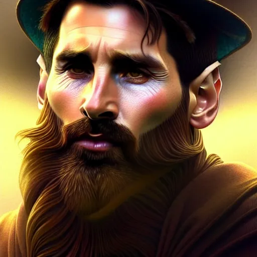 Image similar to Messi with a majestic beard, closeup, D&D, fantasy, intricate, elegant, highly detailed, digital painting, artstation, concept art, matte, sharp focus, illustration, art by Artgerm and Greg Rutkowski and Alphonse Mucha