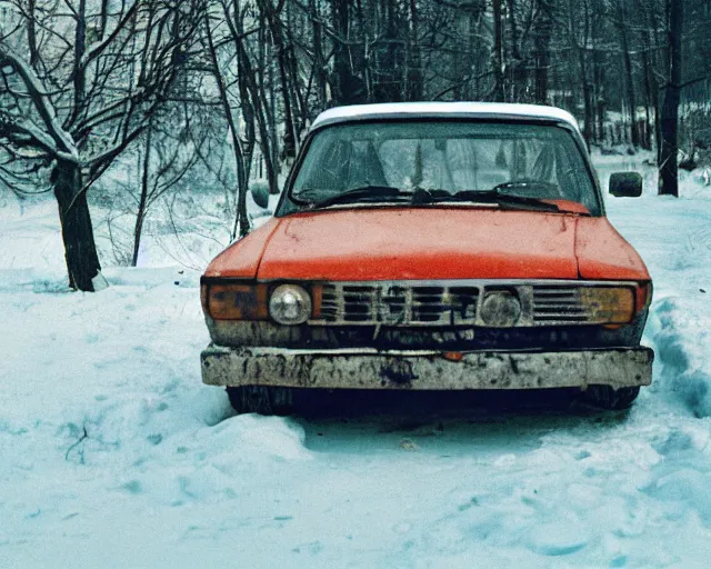 Image similar to a lomographic photo of old lada 2 1 0 7 standing in typical soviet yard in small town, hrushevka on background, cinestill, bokeh