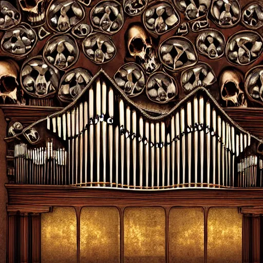 Prompt: a pipe organ made out of skulls, digital art, highly detailed, high quality, high resolution