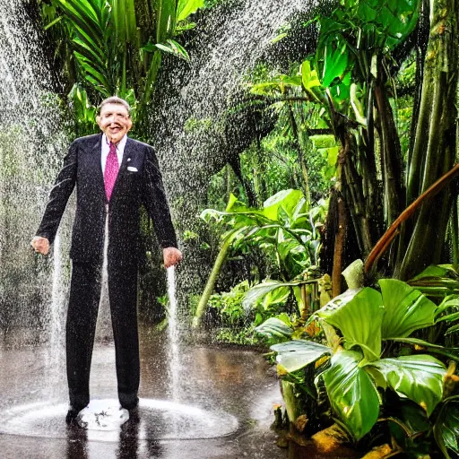 Image similar to 4 k hdr full body wide angle sony portrait of two ronald reagans showering in a tropical bali jungle shower with moody stormy overcast lighting