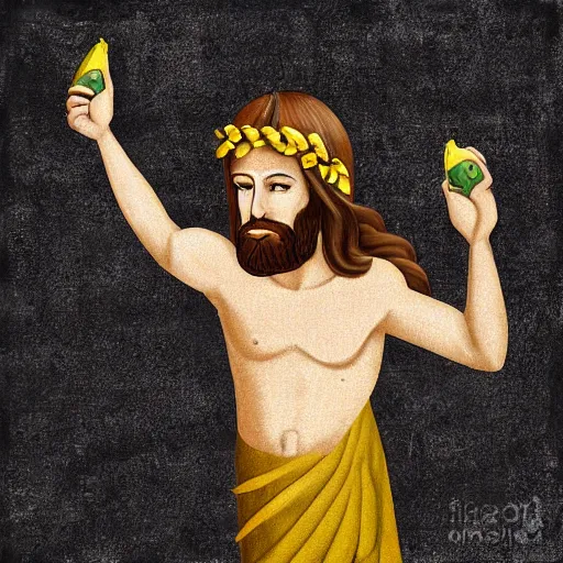 Image similar to jesus lifting a banana up into the air, digital art