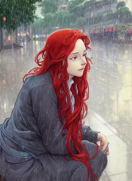 Image similar to pretty young woman with long red hair sitting at a bus stop in the rain, path traced, highly detailed, high quality, digital painting, by studio ghibli and alphonse mucha, leesha hannigan, makoto shinkai, disney