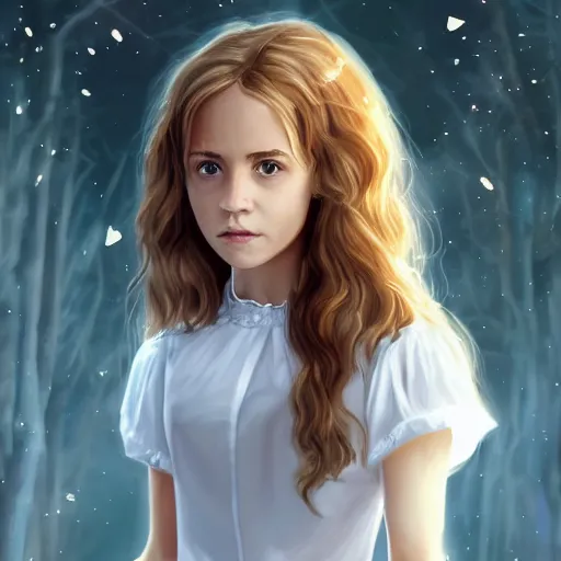 Image similar to Hermione Granger as a young girl in white dress art drawn in art style of WLOP full HD 4K highest quality realistic beautiful gorgeous natural WLOP artist painting