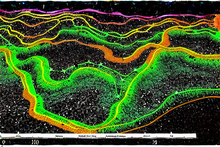 Image similar to topographical map of a complex cave system made out of multiple overlays of complex scientific data visualized on top of each other, bar charts, plexus, thick and thin lines, waveforms on top of square charts, gaps and pauses, space molecules, radio signals, negative space