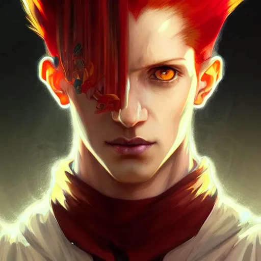 Prompt: portrait of hisoka morow hunter hunter, male, sharp jaw yellow eyes small narrow eyes red hair crimson hair, anime, fantasy, intricate, elegant, highly detailed, digital painting, artstation, concept art, matte, sharp focus, illustration, art by artgerm and greg rutkowski and alphonse mucha