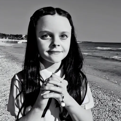 Prompt: b & w photo of wednesday addams at the beach