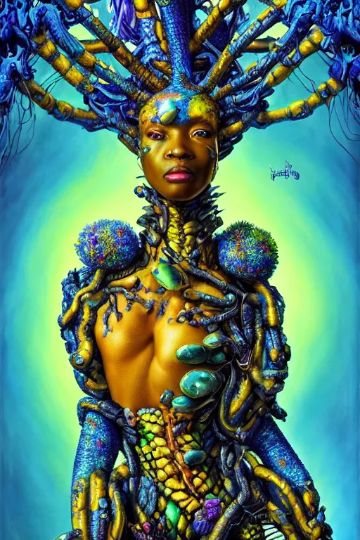 Prompt: hyperrealistic maximalist super expressive! black woman with exoskeleton armor, merging with tree in a forest, highly detailed digital painting masterpiece smooth cam de leon hannah yata dramatic pearlescent blue yellow light ground angle hd 8k sharp focus