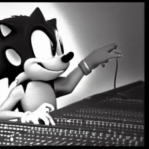 Prompt: Hyper realistic beautiful painting of Sonic The Hedgehog producing music in a recording studio with Frank Zappa. Historic record photo 4K black and white.