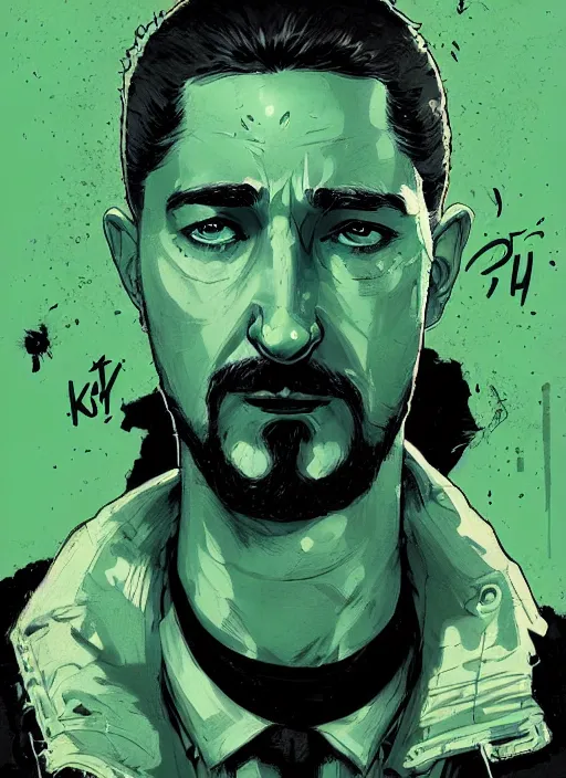 Image similar to highly detailed closeup portrait motivational poster of creepy staring shia lebouf with large bold letter motivational words by atey ghailan, by greg rutkowski, by greg tocchini, by james gilleard, by joe fenton, by kaethe butcher, gradient green, black and white color scheme, grunge aesthetic!!! ( ( graffiti tag wall background ) )