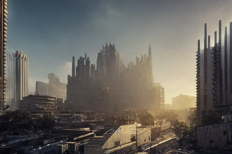 Image similar to streetscape, a towering cathedral of brutalist architecture, buildings covered with greebles, stunning volumetric light, sunset, metal, concrete and translucent material, stunning skies, majestic landscape, trending on Artstation, 8k, photorealistic, hyper detailed, unreal engine 5, IMAX quality, cinematic, epic lighting, in the style of Greg Rutkowski