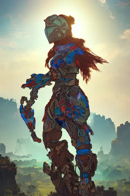 Image similar to combination suit armor aloy horizon forbidden west horizon zero dawn radiating a glowing aura global illumination ray tracing hdr fanart arstation by ian pesty and alena aenami artworks in 4 k tribal robot ninja mask helmet backpack