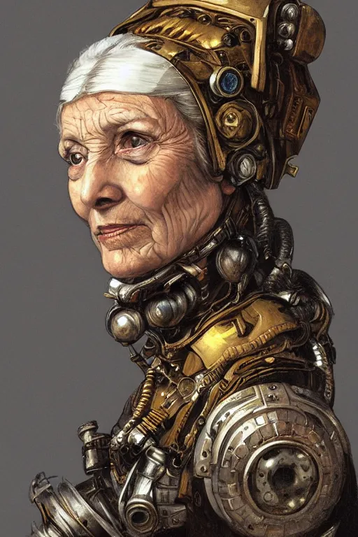 Image similar to portrait, headshot, digital painting, of a old 17th century, old lady cyborg merchant, amber jewels, baroque, ornate clothing, scifi, futuristic, realistic, hyperdetailed, chiaroscuro, concept art, art by waterhouse and witkacy