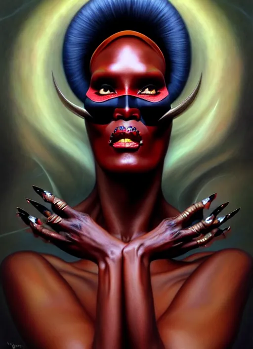 Prompt: grace jones as an devil, aesthetic, fine art, intricate, elegant, highly detailed, realistic hair, centered, digital painting, art station, conceptual art, soft, sharp focus, illustration, artwork, artgerm, tomasz alen kopera, peter mohrbacher, donato giancola, wlop, boris vallejo