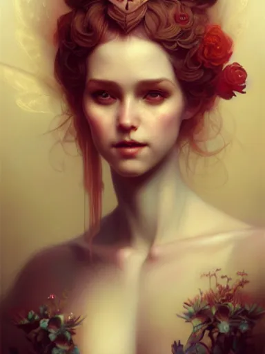 Image similar to the fairy queen by james jean, charlie bowater, tom bagshaw, nikolay makovsky : : portrait, character design, illustration, hyperrealism, photorealism, digital art, concept art, fantasy, whimsy, weta, wlop, artstation