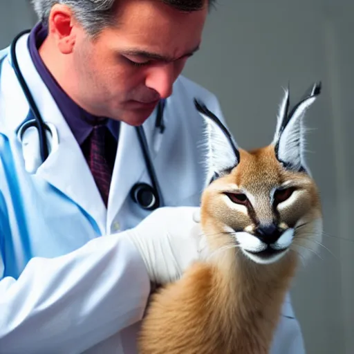 Image similar to doctor using a stethoscope to examine a cute fluffy caracal under bright operating room lights, closeup, wide angle, backlit