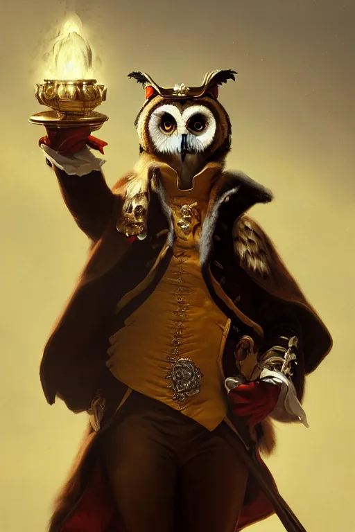 Image similar to portrait of an anthropomorphic owls as napolean bonaparte, dramatic lighting, highly detailed, digital painting, artstation, concept art, smooth, sharp focus, illustration, art by wlop, mars ravelo and greg rutkowski