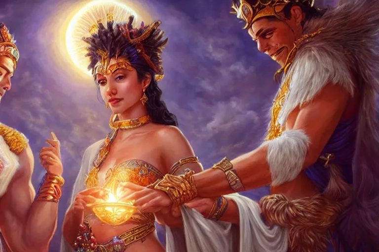 Image similar to close up moment of a divine a sun god and a moon goddess lovers magician at a wedding banquet, highly detailed, d & d, fantasy, highly detailed, digital painting, trending on artstation, concept art, sharp focus, illustration, art by artgerm and daniel gerhartz and magali villeneuve