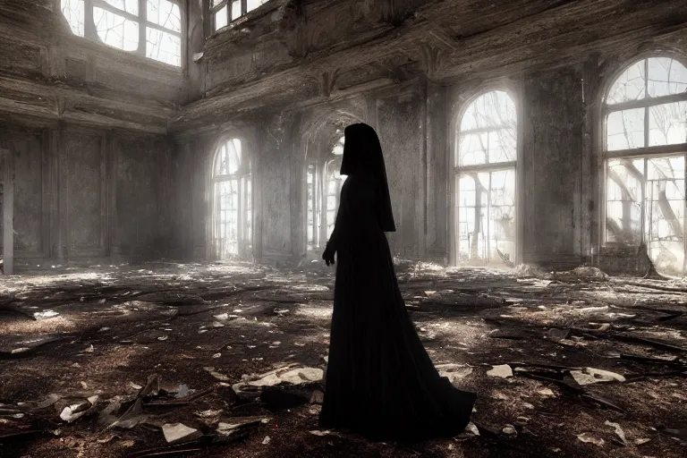 Prompt: A ghostly woman in a long, black victorian dress, standing in the middle of a ruined, abandoned, polish mansion dining hall, seen from inside. Pitch black darkness, A strong red keylight is the only lightsource. Smoke. Dirt, leaves on ground. Octane render. Substance painter. Zbrush. Trending on artstation. 8K. Highly detailed.