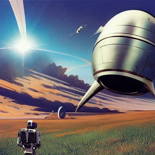 Prompt: scientific spaceship hovering over a grassy field on an alien world, daylight, blue sky, light clouds in the sky, vanishing view perspective, Syd Mead, Sci-Fi