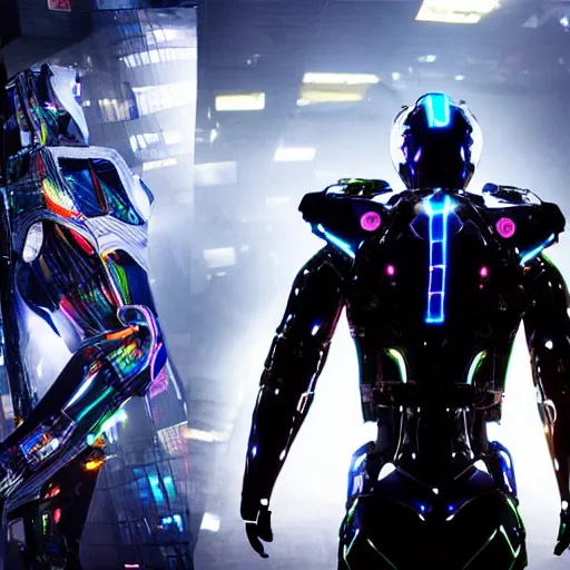 Image similar to broken dirty cybersuits, from behind, wide wide angle, vivid, elaborate, highly detailed, beautiful lighting