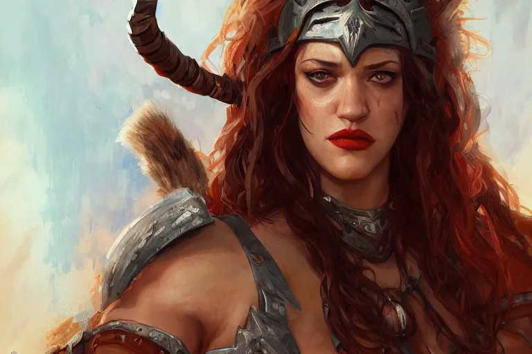 Prompt: A portrait of a Kat Dennings as a barbarian from the conan the barbarian universe by Ruan Jia and Mandy Jurgens and Artgerm and william-adolphe bouguerea, highly detailed, trending on artstation, award winning, H 768