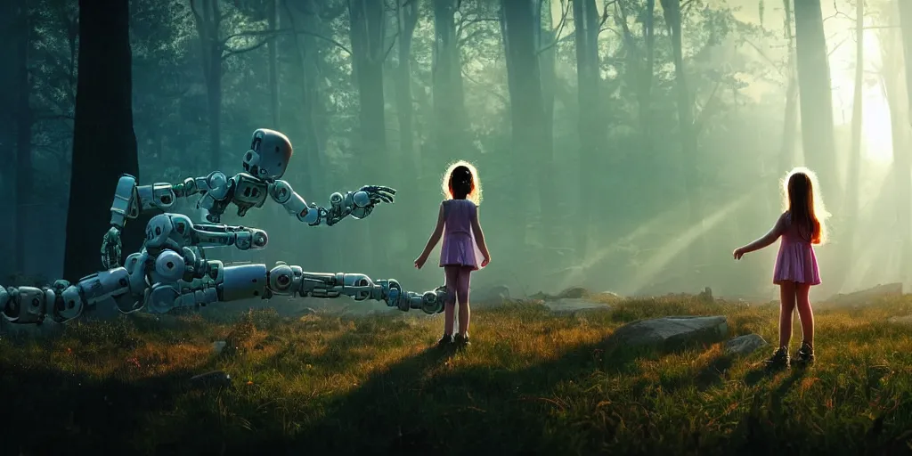 Image similar to sci - fi scene future new york, little girl alone holding onto the outstretched hand of a giant robot, forest punk, little girl meets robot, crepuscular rays, epic scene, hyper realistic, photo realistic, overgrowth, cinematic atmosphere, ethereal lighting,