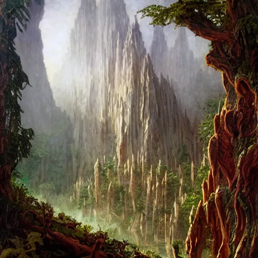 Image similar to a beautiful and highly detailed oil painting of an elven temple deep in the misty mountains, secret valley, tall spires, beautiful trees, ancient runes, intricate details, epic scale, insanely complex, 8 k, sharp focus, hyper realism, fantasy landscape, psychedelic, by caspar friedrich and brian froud and albert bierstadt,