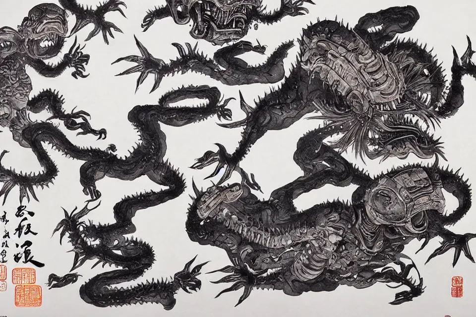 Prompt: many alien monsters are fighting with chinese immortals, traditional chinese ink painting.