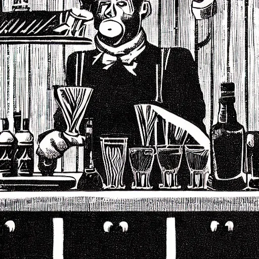 Image similar to anthropomorphic millipede bartender woodcut illustration by lews carroll