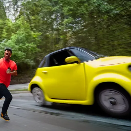 Prompt: a man being chased by a tiny fast yellow car in the wild