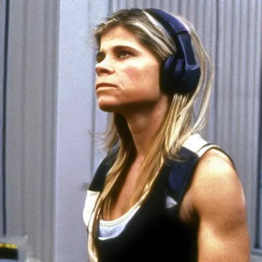 Prompt: linda hamilton wearing headphones in a military base, 1 9 8 7, movie still