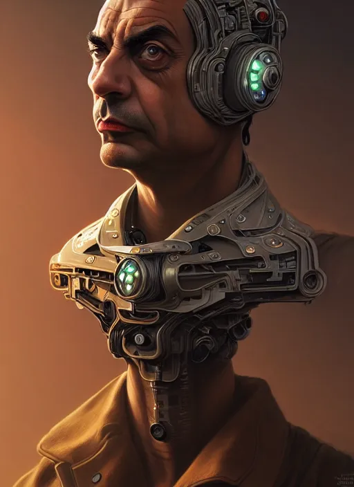 Image similar to portrait of mr bean, sci - fi, muscular! cyberpunk, intricate, elegant, highly detailed, digital painting, artstation, concept art, smooth, sharp focus, illustration, art by artgerm and greg rutkowski and alphonse mucha