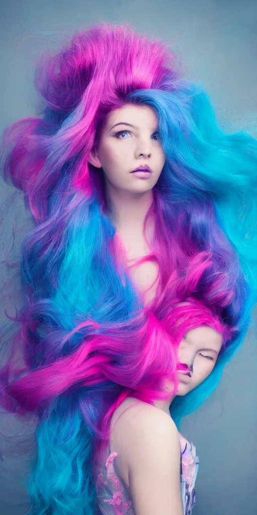 Image similar to a dramatic photo of a beautiful young woman with cotton candy hair. with a little bit of cyan and pink