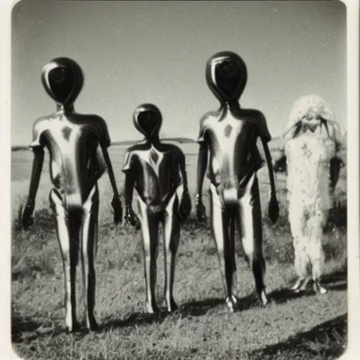 Image similar to polaroid photograph of horrorific extraterrestrial beings visiting earth, 1 9 5 0