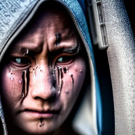 Prompt: photographic portrait of a poor techwear woman with tears in her eyes, closeup, sigma 85mm f/1.4, 4k, depth of field, high resolution, 4k, 8k, hd, full color