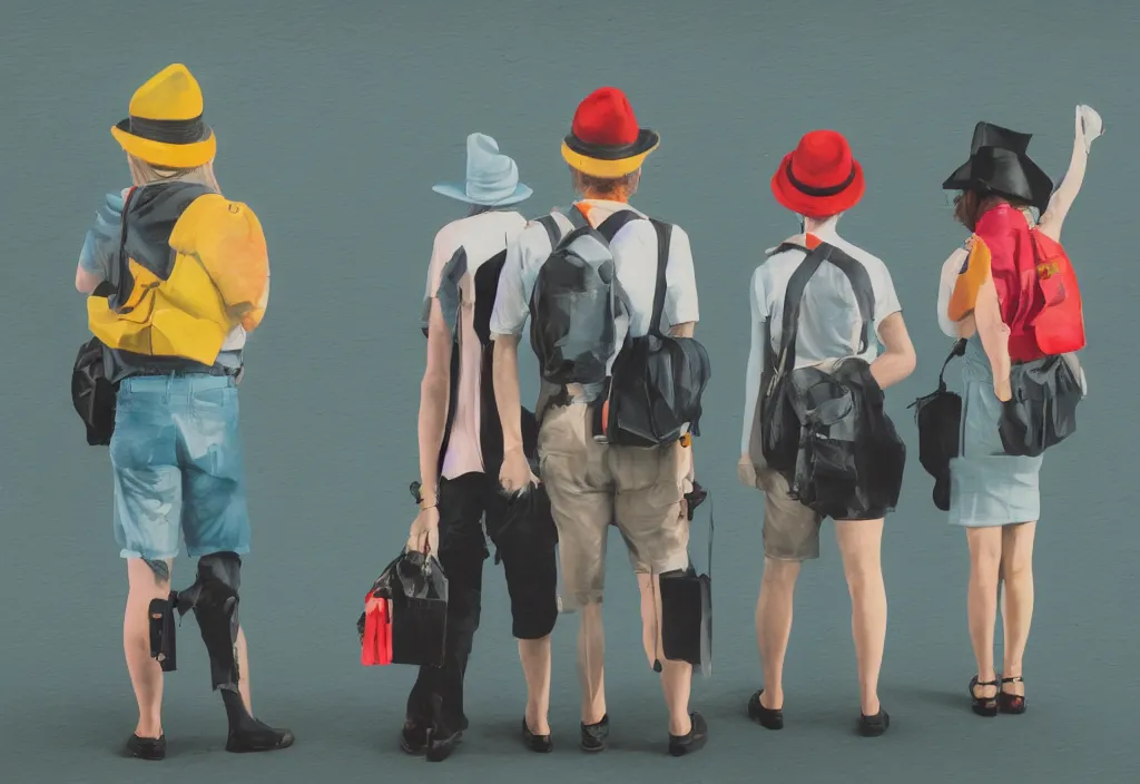 Image similar to full body portrait of a trio of european tourists with nikon cameras, rear views, character designs painting, in the style of wes anderson, rene magritte, lola dupre, david hockney, isolated on white background, dark monochrome neon spraypaint accents volumetric octane render