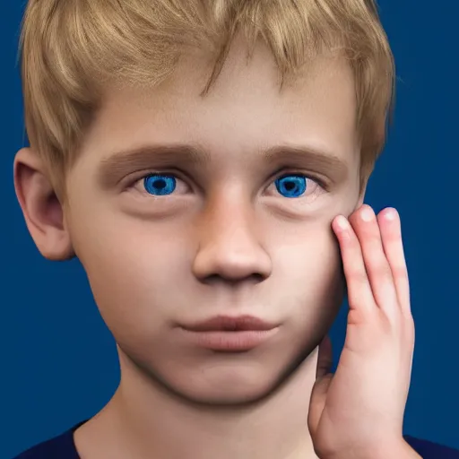 Image similar to portrait of a boy with his hand on his face, extremely realistic and real, photorealistic, blonde hair and blue eyes, detailed facial structure, real eyes that are detailed