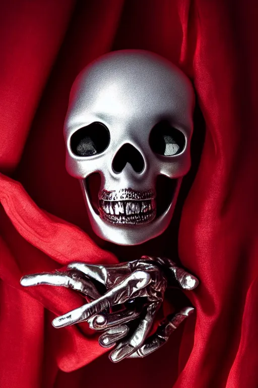 Image similar to chrome one eyed cyclop cracked skull statue layed on a red silk fabric, by hedi xandt and antonio corradini, macabre art, dark surrealism, epic and cinematic view, volummetric light, texturized, detailed, 8 k