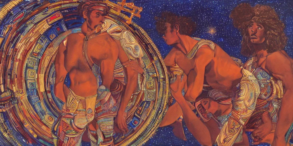 Image similar to an abstract space station background, a multiracial greek god dancing, clear eyes. 2 4 mm, photorealistic, muted color scheme, directed by mati klarwein