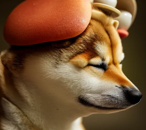 Prompt: a portrait of shiba inu with a mushroom cap growing on its head by luis royo. intricate. lifelike. soft light. sony a 7 r iv 5 5 mm. cinematic post - processing