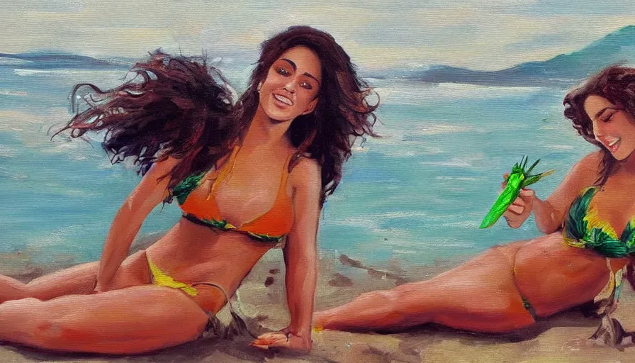 Prompt: an oil painting of rosalia the spanish singer in a bikini on a beach sipping a mojito