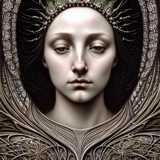 Image similar to detailed realistic beautiful young medieval queen face portrait by jean delville, gustave dore, iris van herpen and marco mazzoni, art forms of nature by ernst haeckel, art nouveau, symbolist, visionary, gothic, neo - gothic, pre - raphaelite, fractal lace, ai biodiversity, surreality, horizontal symmetry, intricate hyper detailed ultra sharp octane render