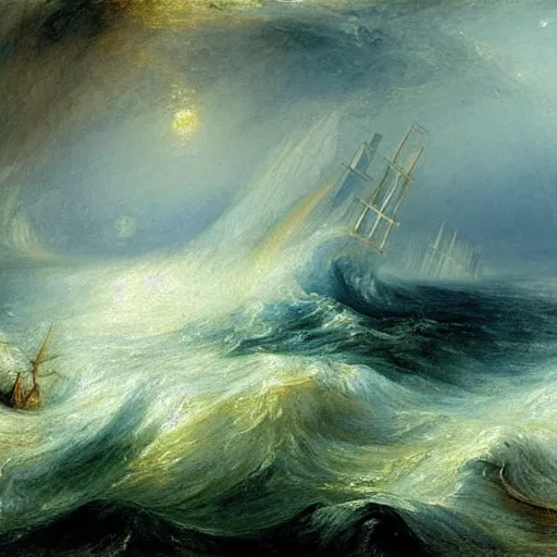 Image similar to A painting of a ship at sea, in a storm, by J.M.W. Turner